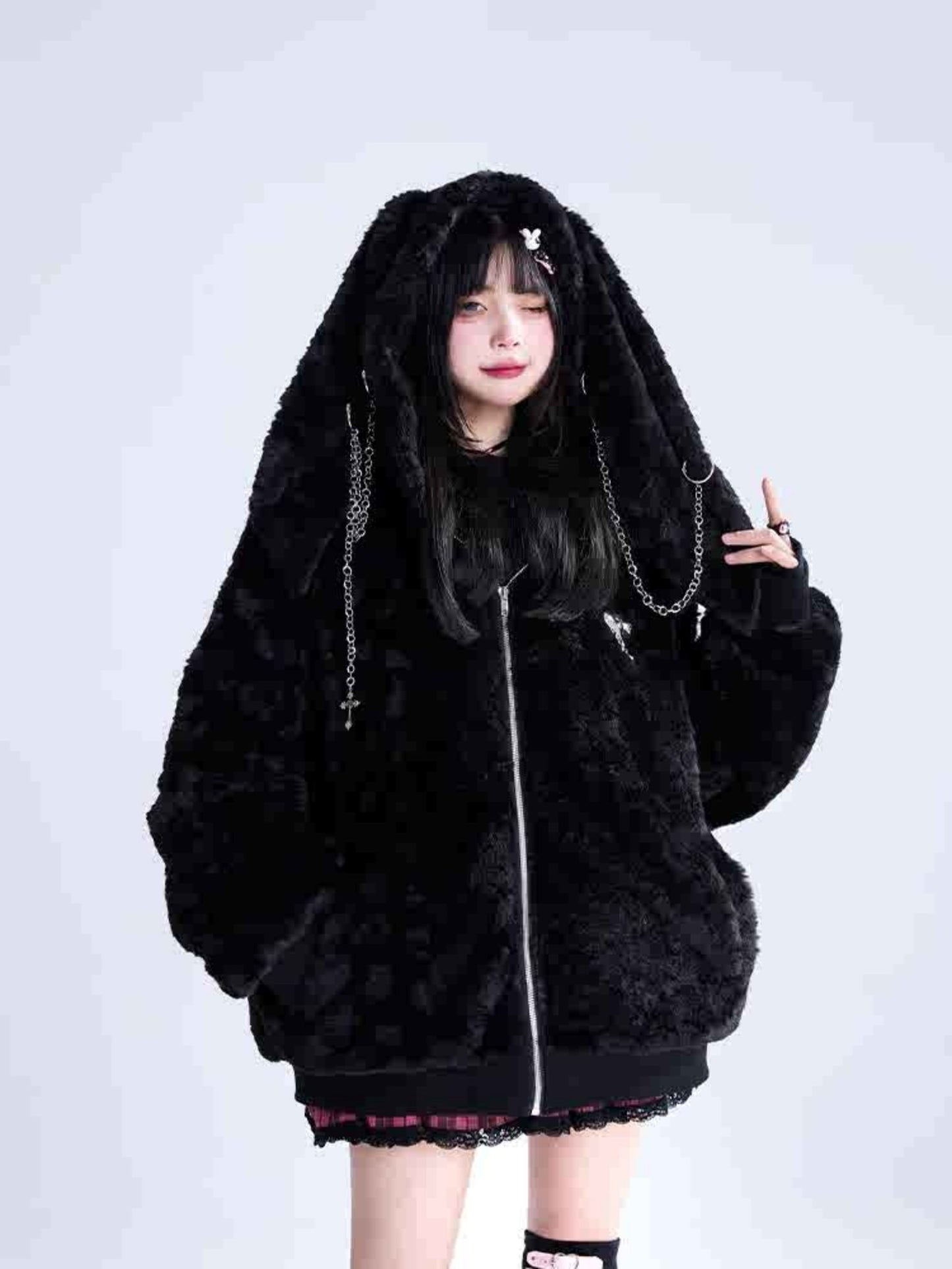 Black Lamb Wool Rabbit Ear Hood