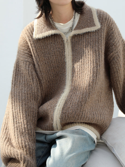 Contrast Color Placket Wool Knit Cardigan